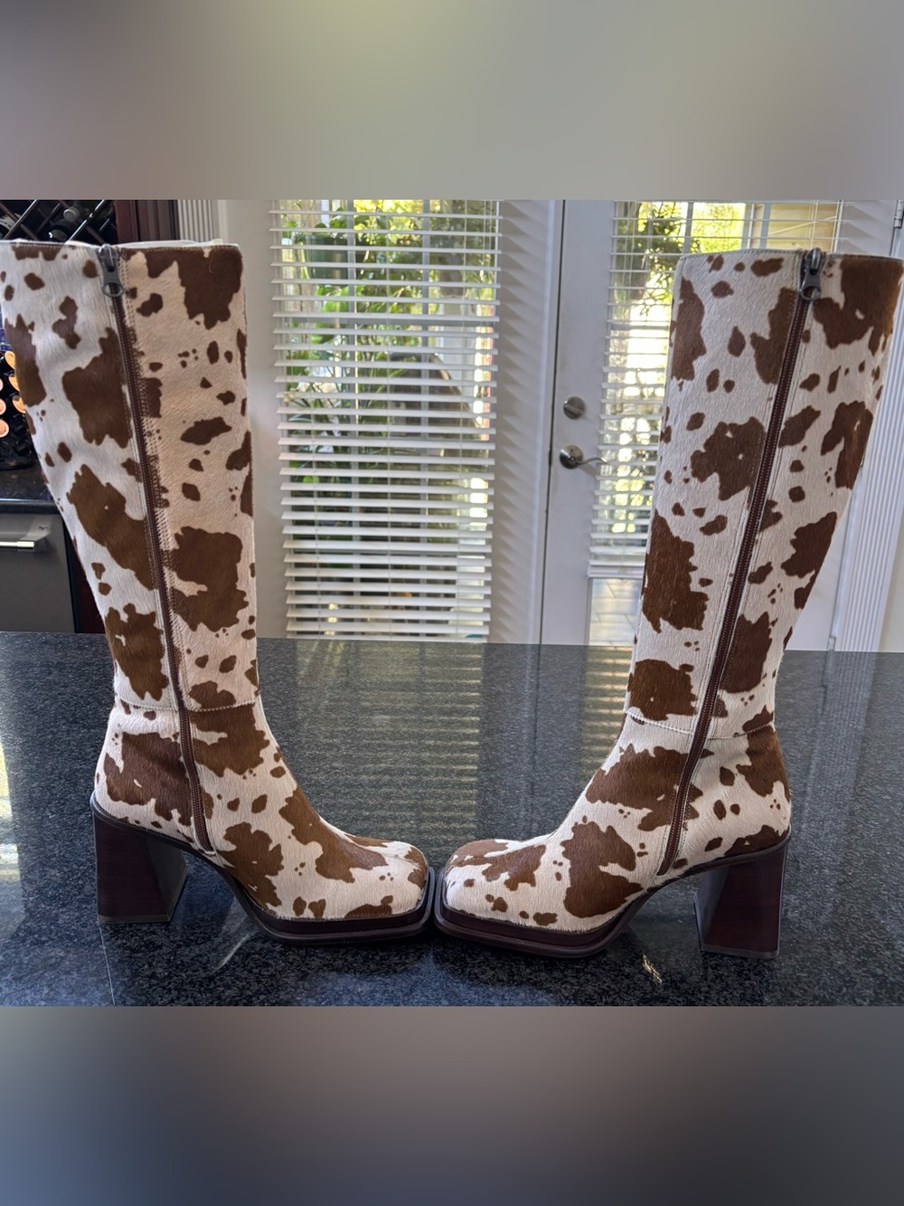 NEW: L’Intervalle Cowhide Pattern Knee-High Block Heel Boots - Brown/Off White
